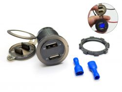 USB розетка A16B автомобильная круглая врезная с вольтметром (12-24В, 2 USB, 3.1A, с крышкой, с синей подсветкой)}