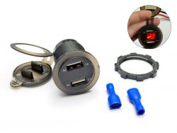 USB розетка A16R автомобильная круглая врезная с вольтметром (12-24В, 2 USB, 3.1A, с крышкой, с красной подсветкой)}