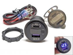 USB розетка UCC-305 автомобильная круглая врезная с вольтметром (12-24В, USB QC 3.0 + TYPE-C PD, синяя подсветка)}