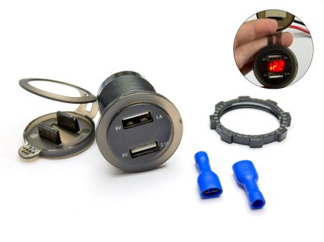 USB розетка A16R автомобильная круглая врезная с вольтметром (12-24В, 2 USB, 3.1A, с крышкой, с красной подсветкой)