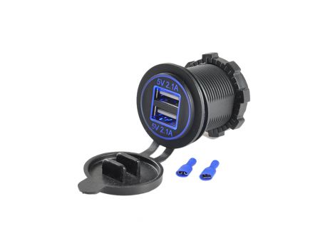 USB розетка A17B автомобильная круглая врезная (12-24В, 2 USB, 4.2А, с крышкой, с синей подсветкой)