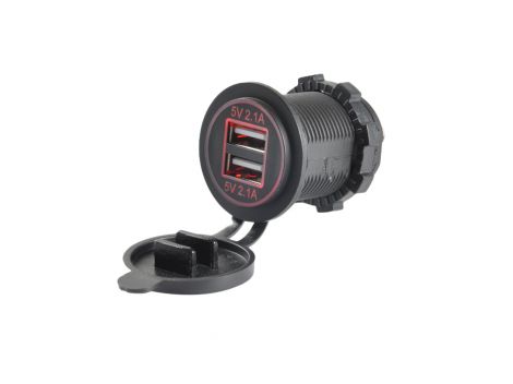 USB розетка A17R автомобильная круглая врезная (12-24В, 2 USB, 4.2А, с крышкой, с красной подсветкой)