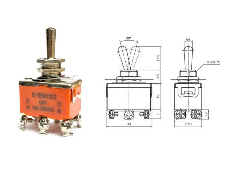 Тумблер 6 pin (на болтах) 3 положения E-TEN 15A 250V AC  ON-OFF-ON с фиксацией